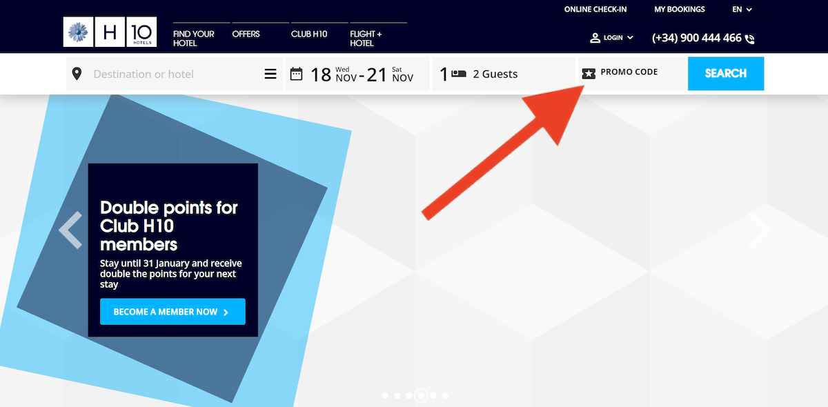 Discount code input field at H10 Hotels