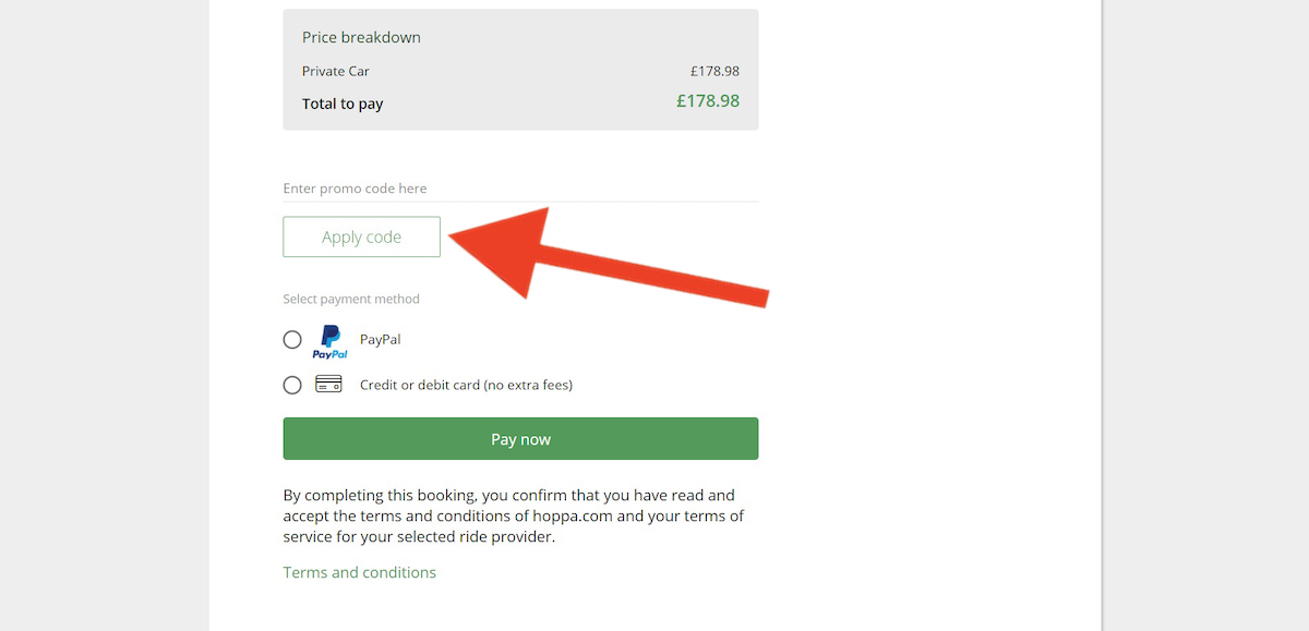 Discount code input field at Hoppa