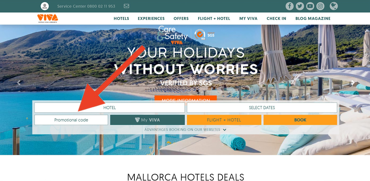 Discount code input field at Hotels VIVA