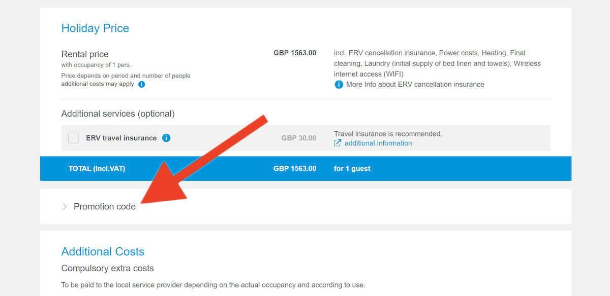 Discount code input field at Interhome