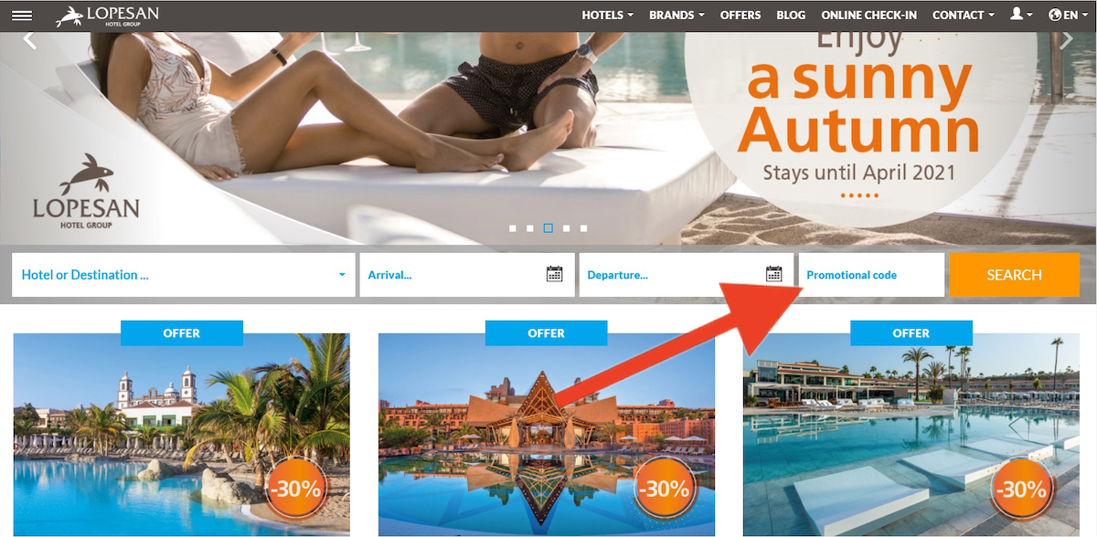 Discount code input field at Lopesan