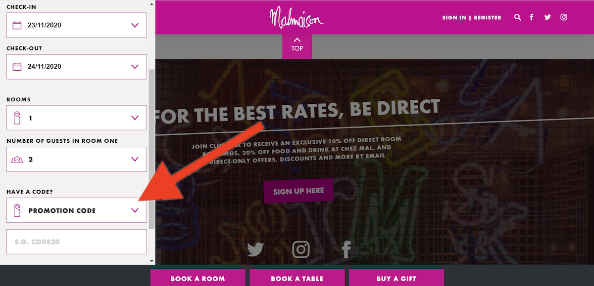 Discount code input field at Malmaison