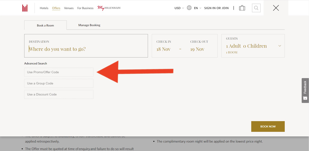 Discount code input field at Millennium Hotels and Resorts