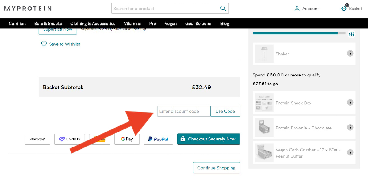 Discount code input field at Myprotein