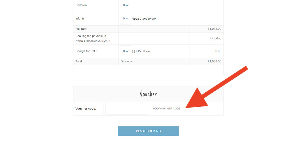 Discount code input field at Norfolk Hideaways