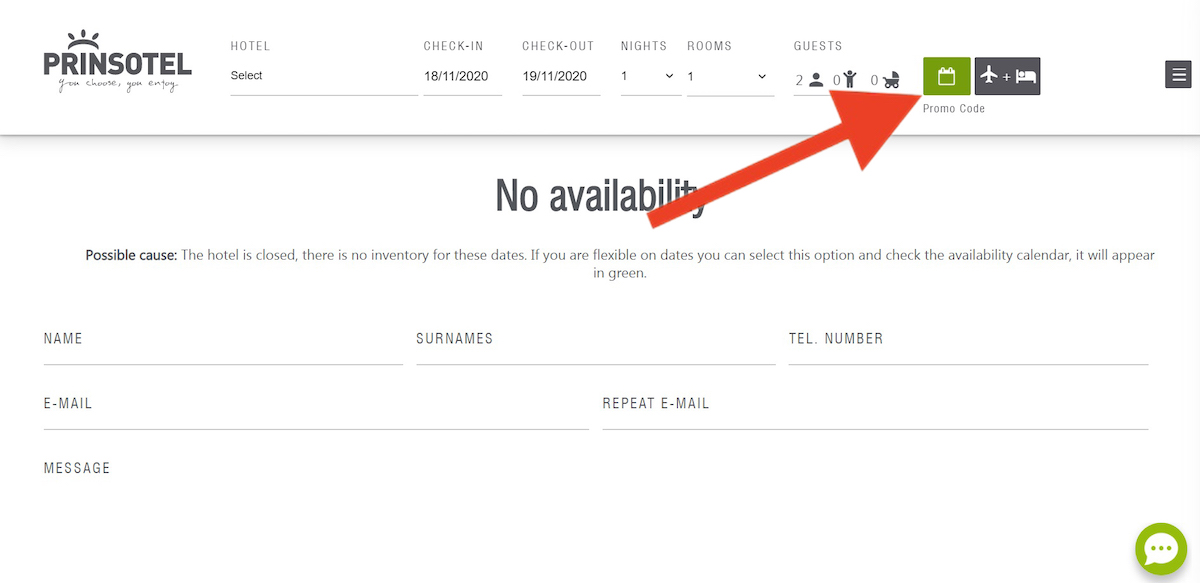 Discount code input field at Prinsotel