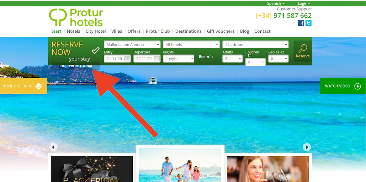 Discount code input field at Protur Hotels
