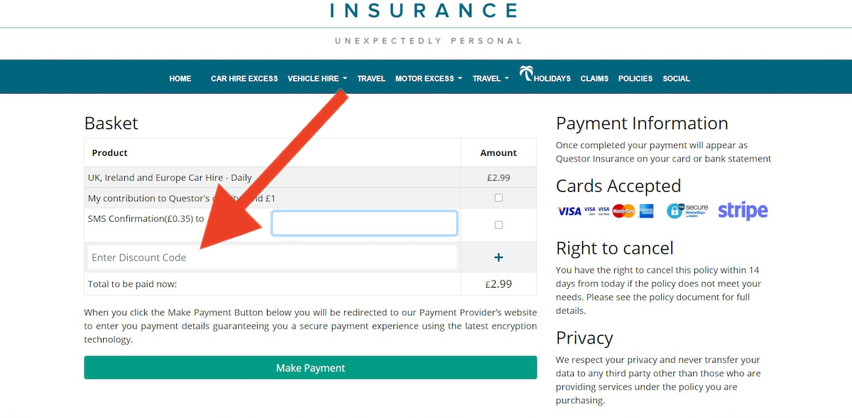 Discount code input field at Questor Insurance