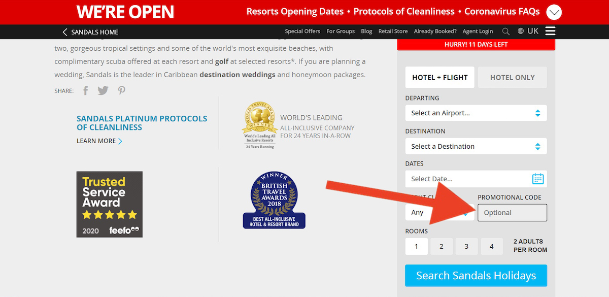 Discount code input field at Sandals