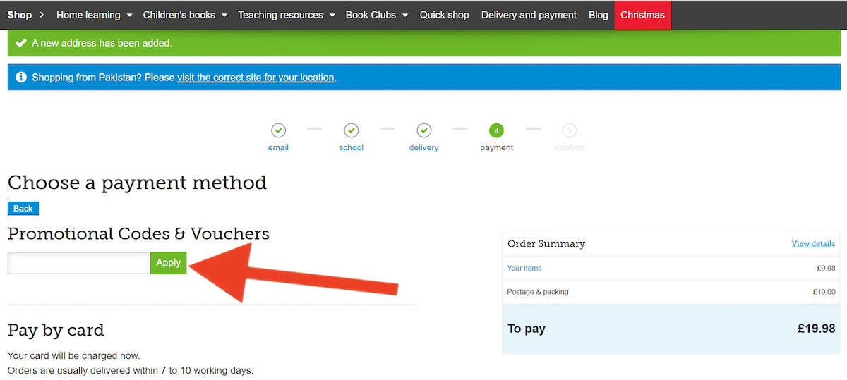 Discount code input field at Scholastic