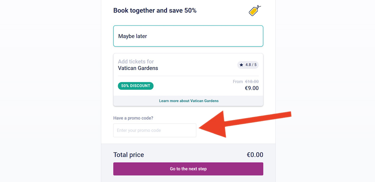Discount code input field at Tiqets
