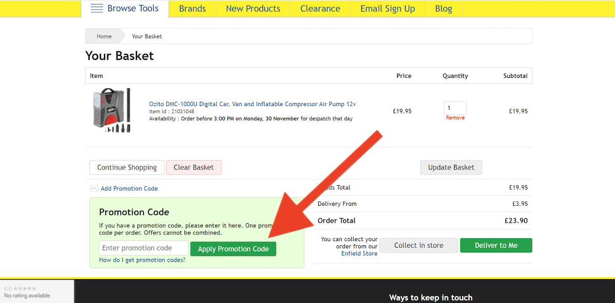 Discount code input field at Tooled Up