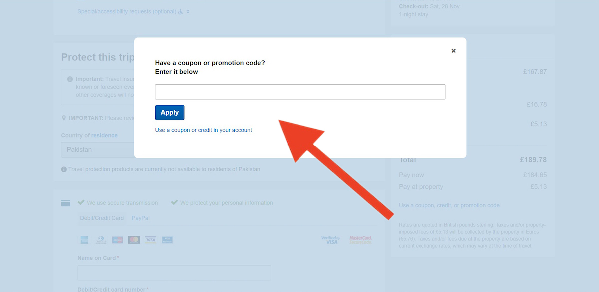 Discount code input field at TravelSupermarket