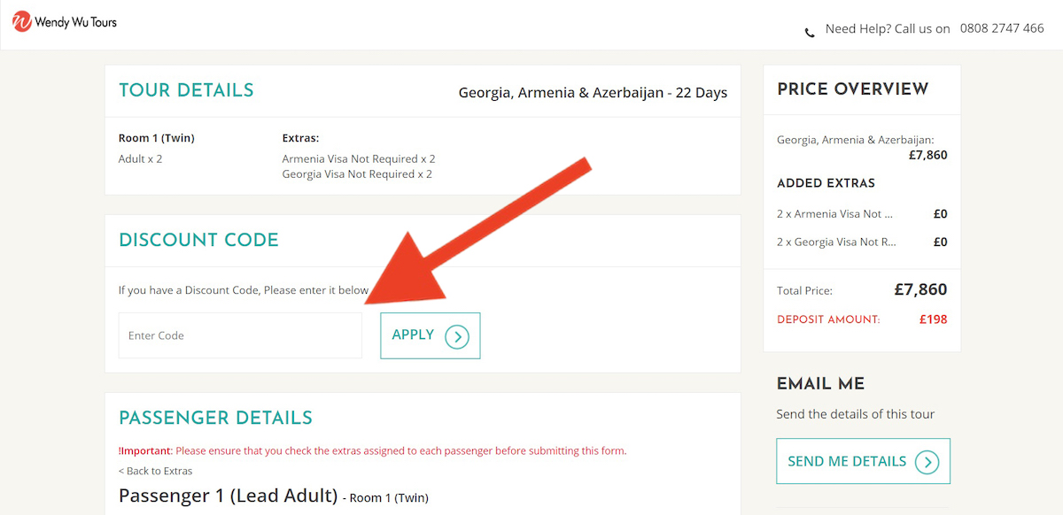Discount code input field at Wendy Wu Tours