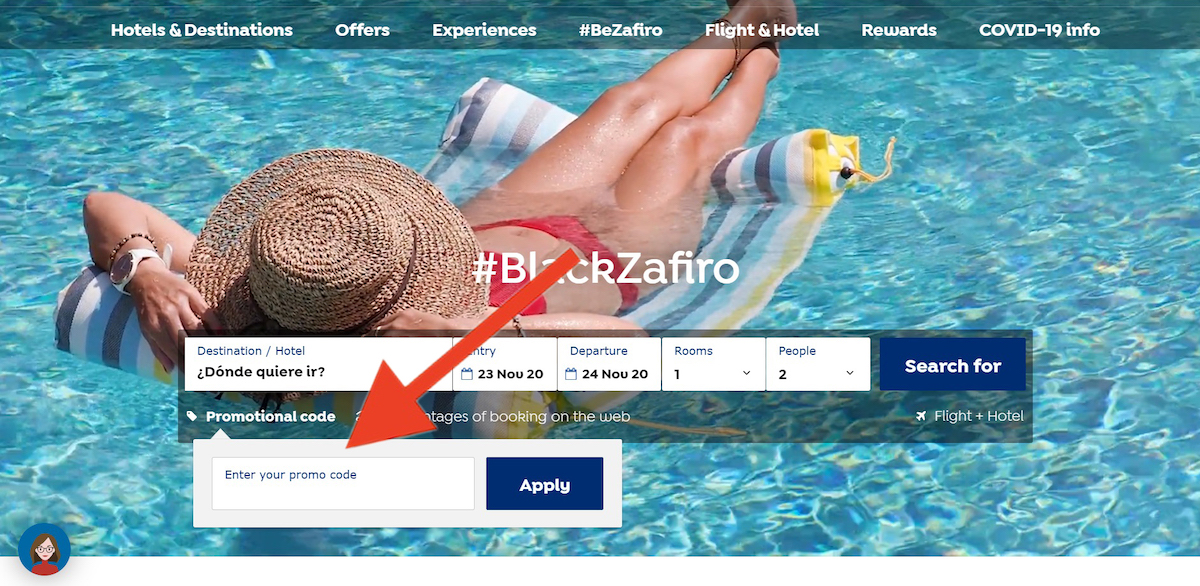 Discount code input field at Zafiro Hotels