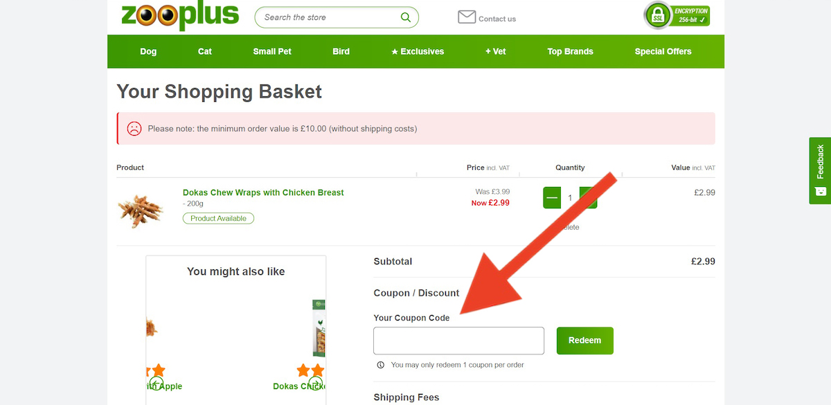 Discount code input field at Zooplus