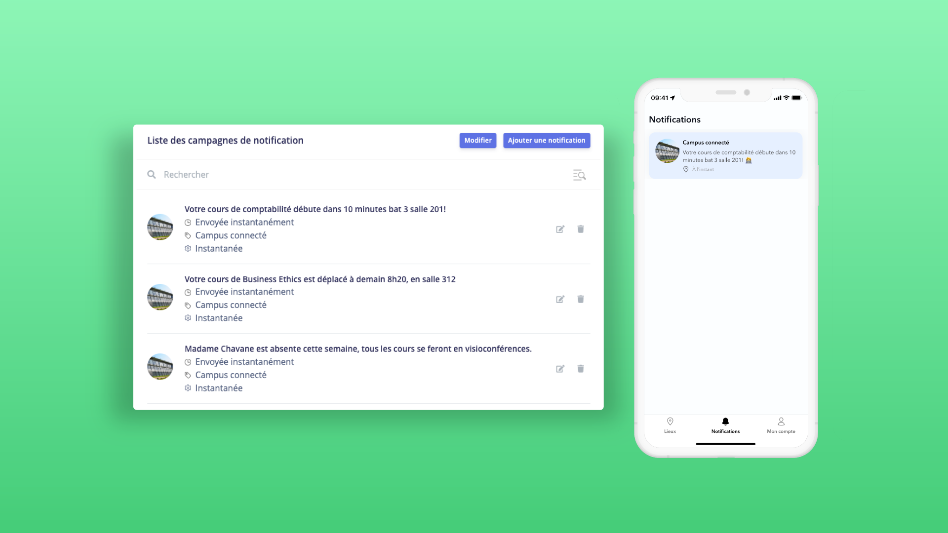 notifications pour cours à venir application école imagina