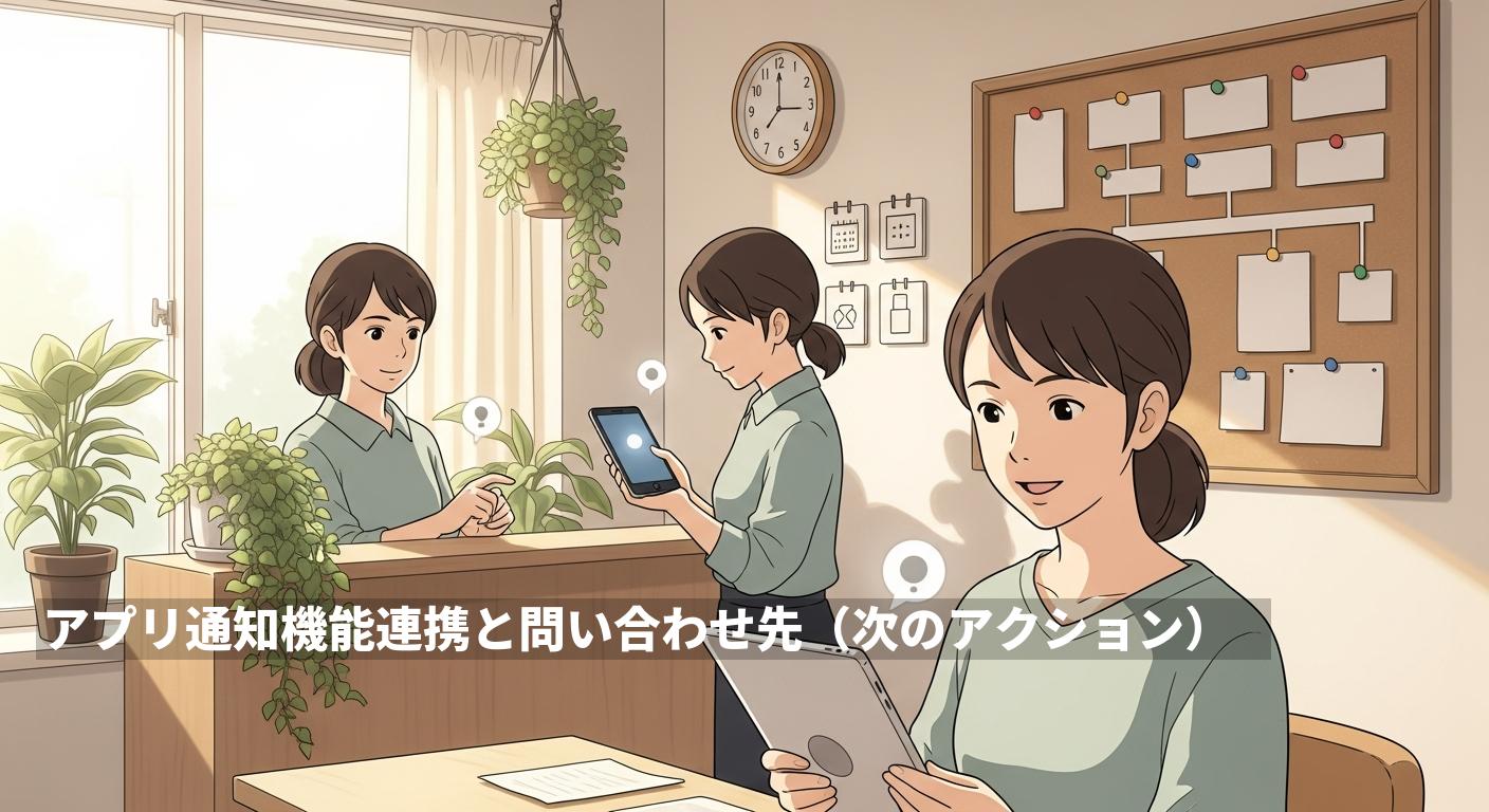 アプリ通知機能連携と問い合わせ先（次のアクション）