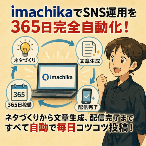 SNS自動化,AIツール,運用効率化,コンテンツ生成,自動投稿 imachikaで投稿作業を完全自動化、365日休まず配信します。