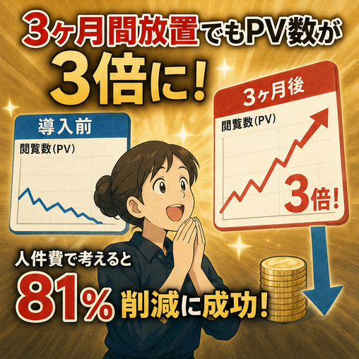 PV増加,コスト削減,導入効果,成功事例,自動化効果 放置のまま3ヶ月でPVが3倍、人件費は81%削減に成功。