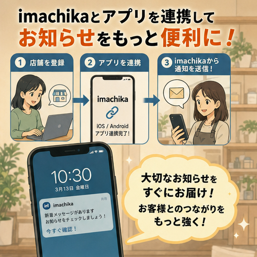 通知連携,アプリ連携,iOS,Android,顧客通知 店舗登録後にアプリ連携すると、imachikaからお客様へ通知が送れます。
