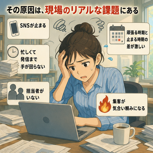 人材不足,業務効率化,SNS運用,担当者不在,時間不足 担当者不在や忙しさで発信が滞る現実を示します。