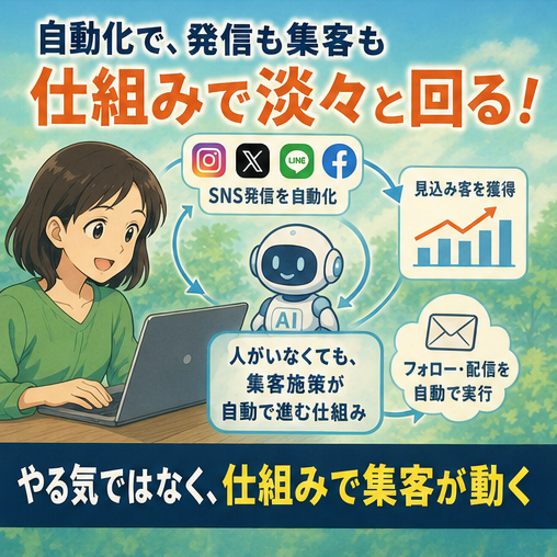 自動化,仕組み化,集客自動化,継続発信,効率化 人がいなくても仕組みで発信と集客を回します。