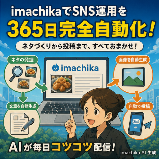 SNS自動化,AIツール,運用効率化,コンテンツ生成,自動投稿 imachikaで投稿作業を完全自動化、365日休まず配信します。