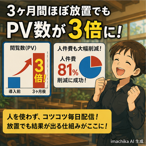 PV増加,コスト削減,導入効果,成功事例,自動化効果 放置のまま3ヶ月でPVが3倍、人件費は81%削減に成功。