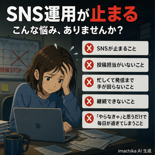 SNS運用,投稿停止,継続困難,担当不在,課題提示 SNSが止まる…投稿が続かず機会を逃していませんか。