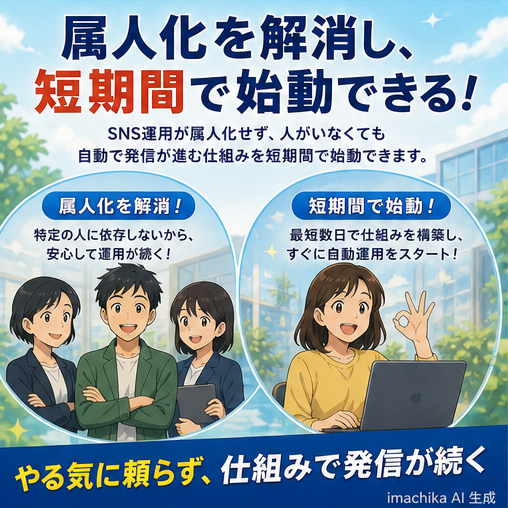属人化解消,短期間導入,人的負担軽減,運用安定化,成果継続 人がいなくても動く仕組みを短期間で立ち上げます。