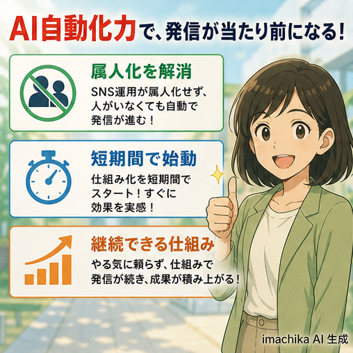 継続発信,属人化解消,短期導入,運用安定,効果実感 人に頼らず短期間で運用開始、継続できる発信力を実現