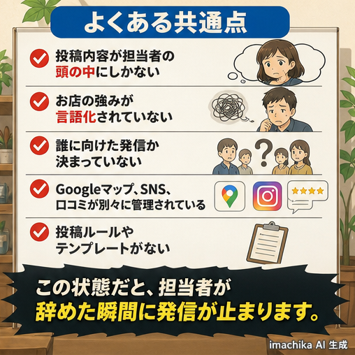 投稿ルールがない,強みの言語化不足,ターゲット不明,SNS自動化,投稿停止 投稿内容が担当者の頭の中だけにある典型例を挙げます。