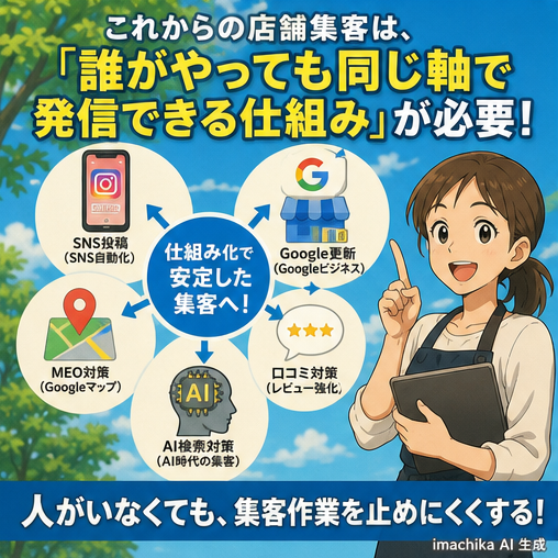 集客の仕組み化,SNS自動化,MEO対策,AI検索対策,Google更新 仕組み化で発信が止まらない状態を作る利点を伝えます。