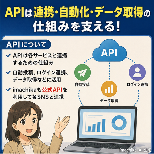 API,連携,自動化,データ取得,技術解説 APIは自動投稿やログイン連携、データ取得に用いる仕組みです。