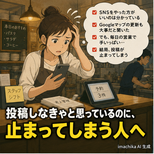 店舗オーナー,投稿が止まる,SNSが続かない,忙しい経営者,共感 「投稿したいのに、時間がない…」そんな声をよく聞きます。