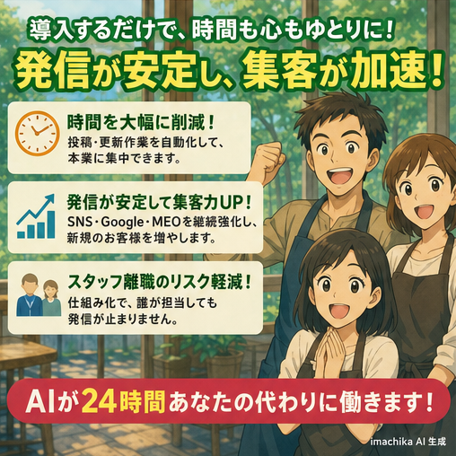 店舗集客,SNS投稿,自動化,スタッフ離職,オンライン相談 時間がない、スタッフ離職でも発信が止まらず集客が続きます。