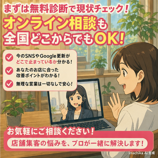 無料診断,オンライン相談,導入支援,Googleビジネスプロフィール,MEO対策 まずは無料診断で今の発信状況をチェック。オンライン相談も可能です。