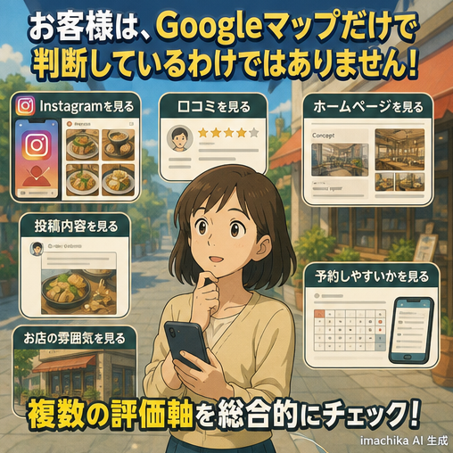 SNS集客,口コミ対策,ホームページ,ユーザー行動,比較検討 ユーザーはGoogle以外にSNSや口コミ、HPも確認します。