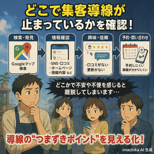 予約導線,集客改善,導線分析,問い合わせ,データ確認 どの導線で問い合わせが止まるかをまず確認しましょう。