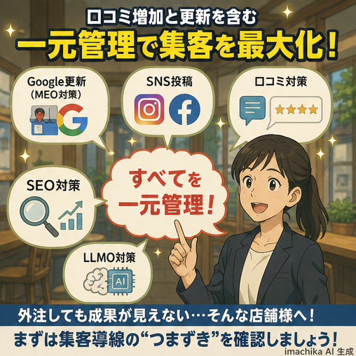 一元管理,SEO,LLMO,運用代行,仕組み化 口コミ増加と定期更新を含む一元管理が鍵です。