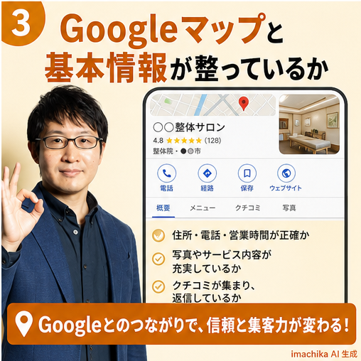 Googleマップ,店舗情報,リンク整備,信頼性,無料診断 Googleマップや基本情報は揃っていますか？無料診断でチェックします。