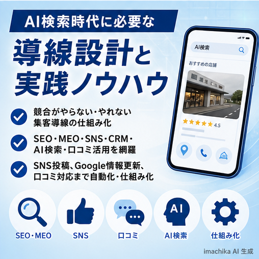 AI検索,導線設計,実践ノウハウ,SNS対応,口コミ活用 AI検索時代に有効なシンプルな導線と実践ノウハウを共有します。