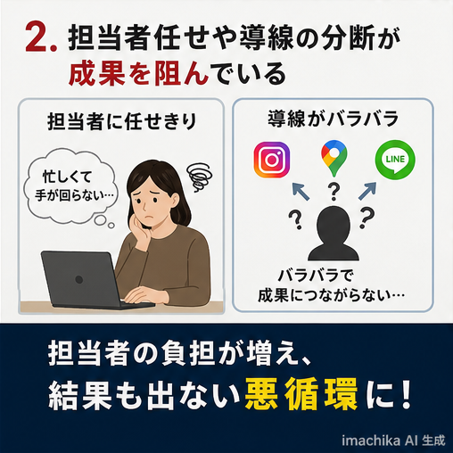 担当者依存,導線設計,Googleマップ,LINE,成果改善 担当者任せや導線バラバラで成果につながりません。