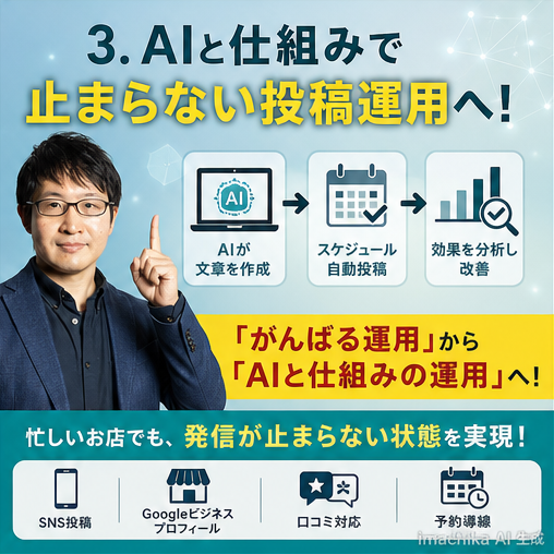 AI自動化,運用改善,imachika,予約導線,口コミ対応 AIと自動化で発信が止まらない仕組みを作ります。