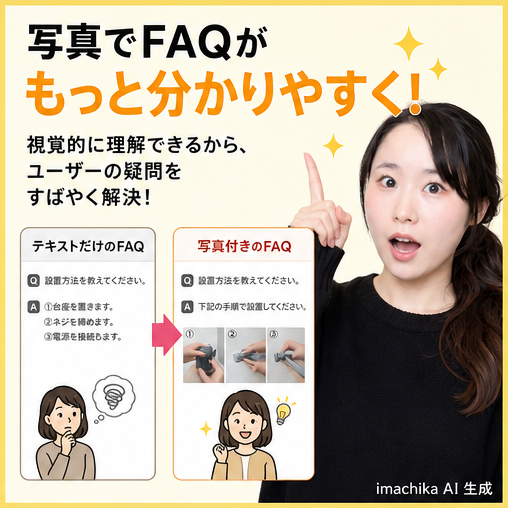 ユーザビリティ,視覚支援,FAQ活用,説明改善,画像 写真で説明が分かりやすくなり、理解が早まります。