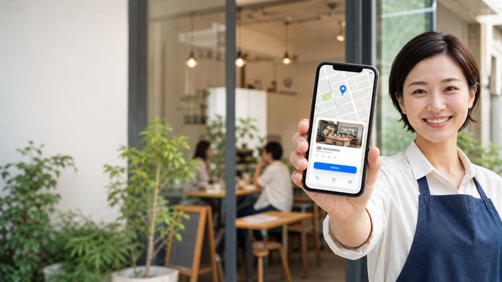 Googleマップの店舗情報から予約ボタンへ進むイメージ。店舗運営者がスマートフォンで予約導線を案内している様子。