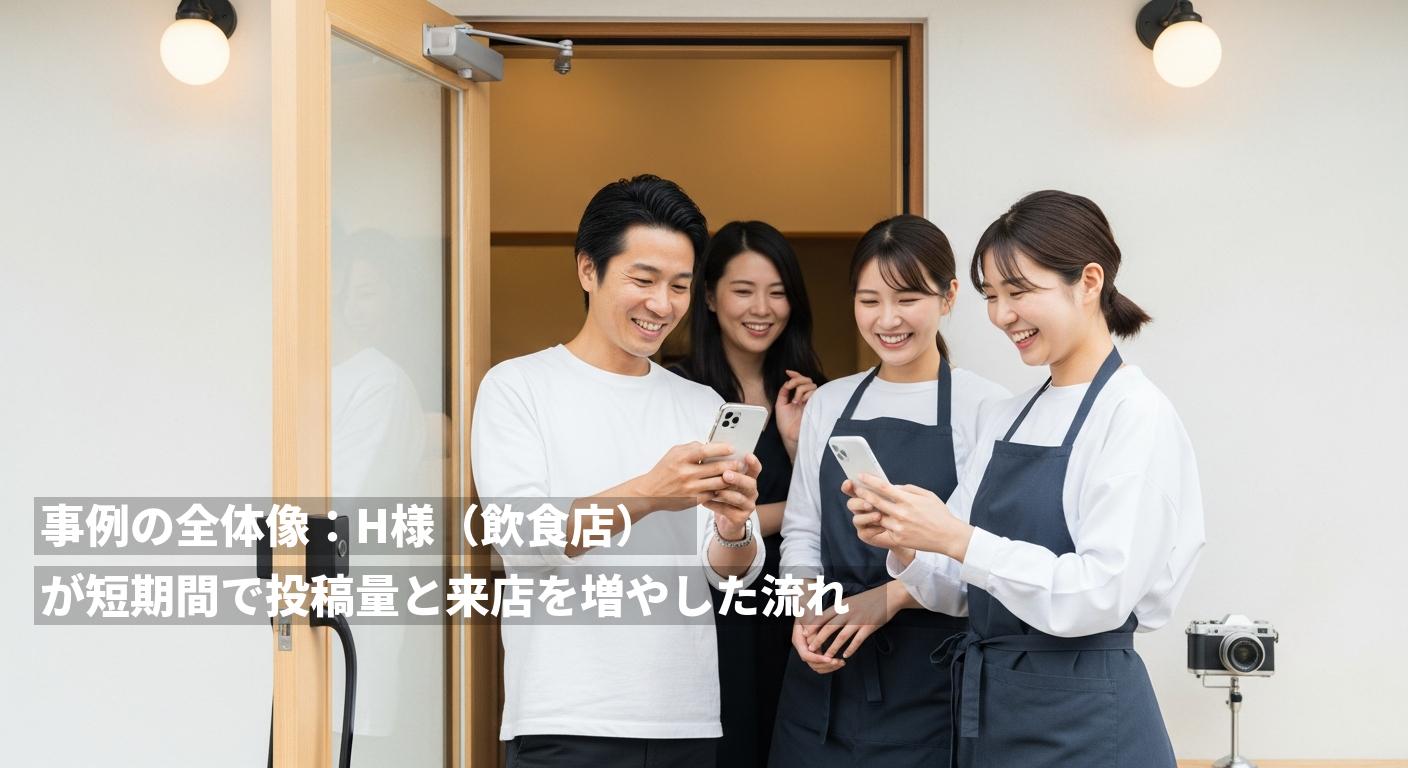 事例の全体像：H様（飲食店）が短期間で投稿量と来店を増やした流れ