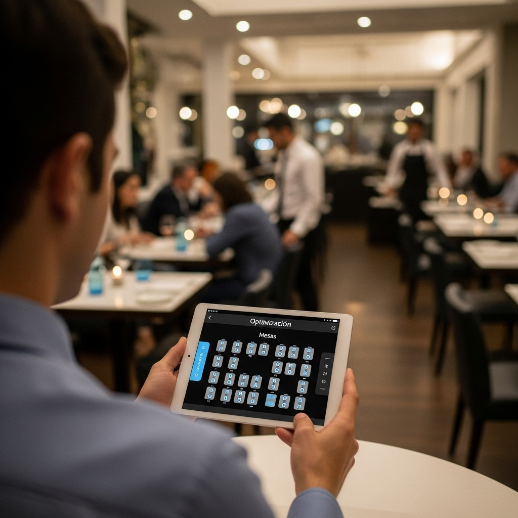 Primer plano de la mano de una persona usando una tablet para gestionar las mesas en el plano digital de un restaurante.