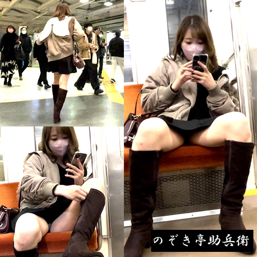 【パンチラ盗撮】LU●INEで働く美人美容部員の仕事帰りを電車内まで追いかけて大胆大股開きを正面パン凸撮